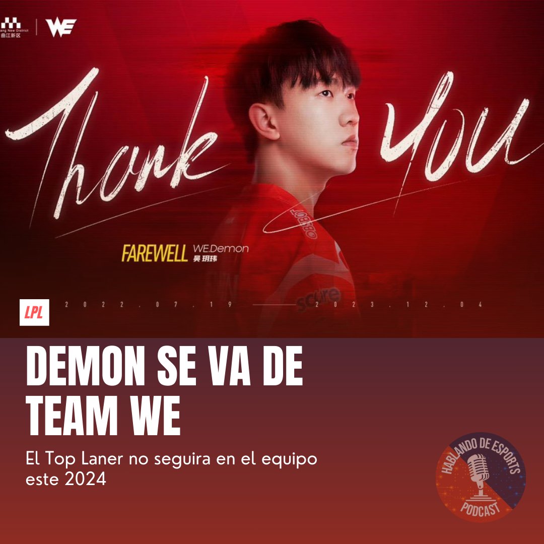 LPL

@TeamWE hace oficial la salida de Demon luego de 6 meses en la institucion.

#TeamWE #LPL #LeagueOfLegends