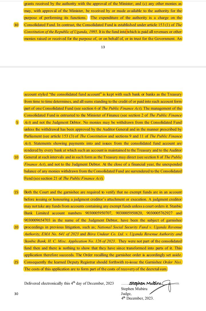 #MLTLegalAlert
#AMUSTREAD
John Imaniraguha v URA Misc App 2770/23, Stephen Mubiru J discusses;
👌A judgment or Order of court can not be changed by administrative edict.
👉Decisional indep of judicial officers.
👉Power to recall an Order.
👉Exempt funds can't be attached in execu