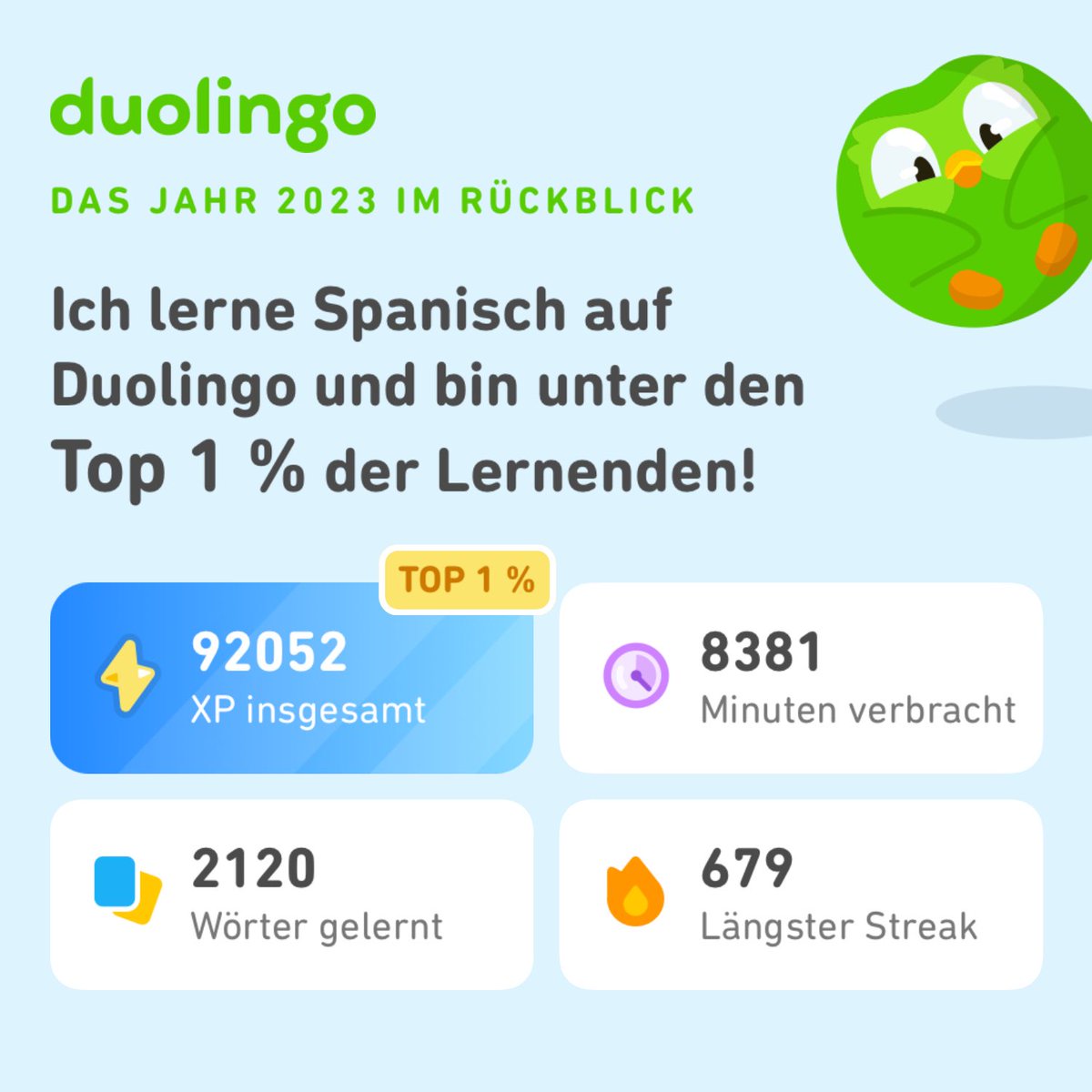 flyingv4711's tweet photo. Seht mal, wie viel ich 2023 auf Duolingo gelernt habe! Wie sieht's bei euch aus? #Duolingo365 https://t.co/V3JiSIJjBD