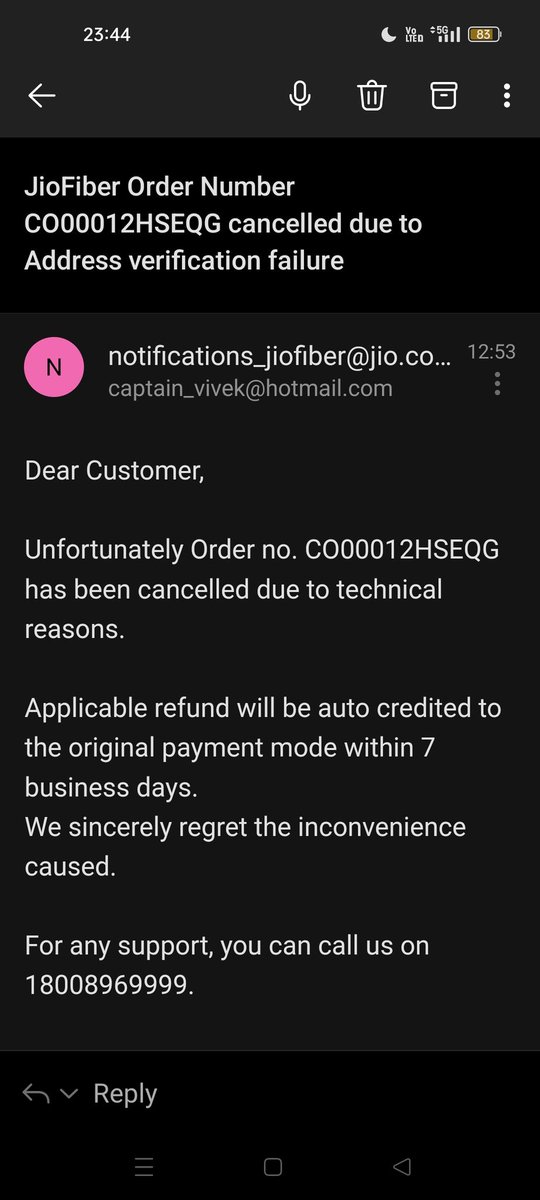 Capt_vivekkumar's tweet photo. @JioCare i  m a jio customer 4  last 7 yrs &amp; a jio broadband customer 4 last 3.5 yrs. I've received a mail from ur side that the address verification was failed but on wat basis even without verification Ur incompetent engineers r rejecting  relocation request without visiting the premise https://t.co/fFmjZ6wrHG