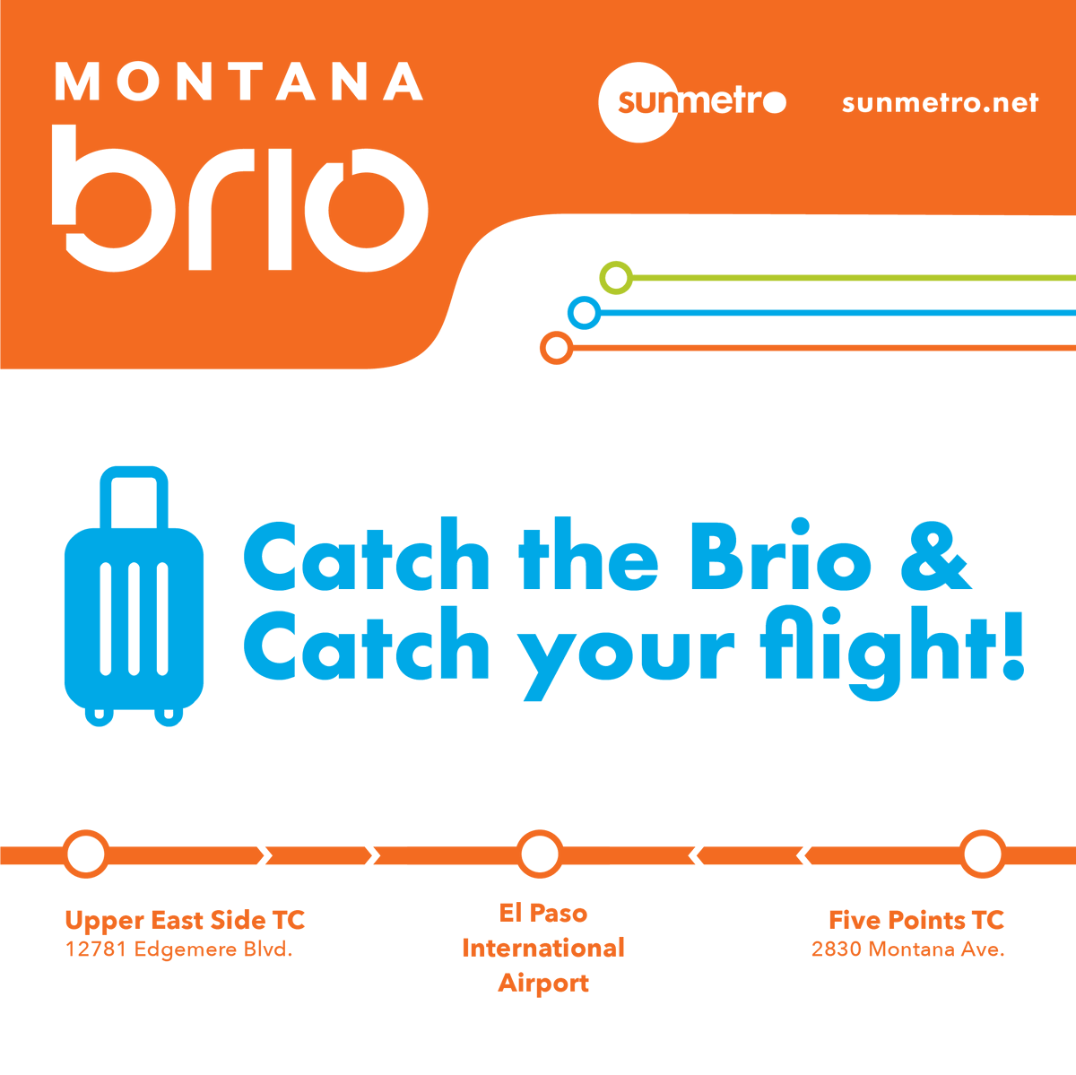 SunMetro's tweet photo. Catch the Brio &amp; catch your flight! Montana Brio conveniently takes you directly to the airport Brio station.

For route information visit https://t.co/KDwNYAq6UB

#brio #MontanaBrio #SunMetro #ArriveInStyle #TravelMadeEasy #ModernTransit #EPIA #travel #flyep https://t.co/0zzvJJ63VM