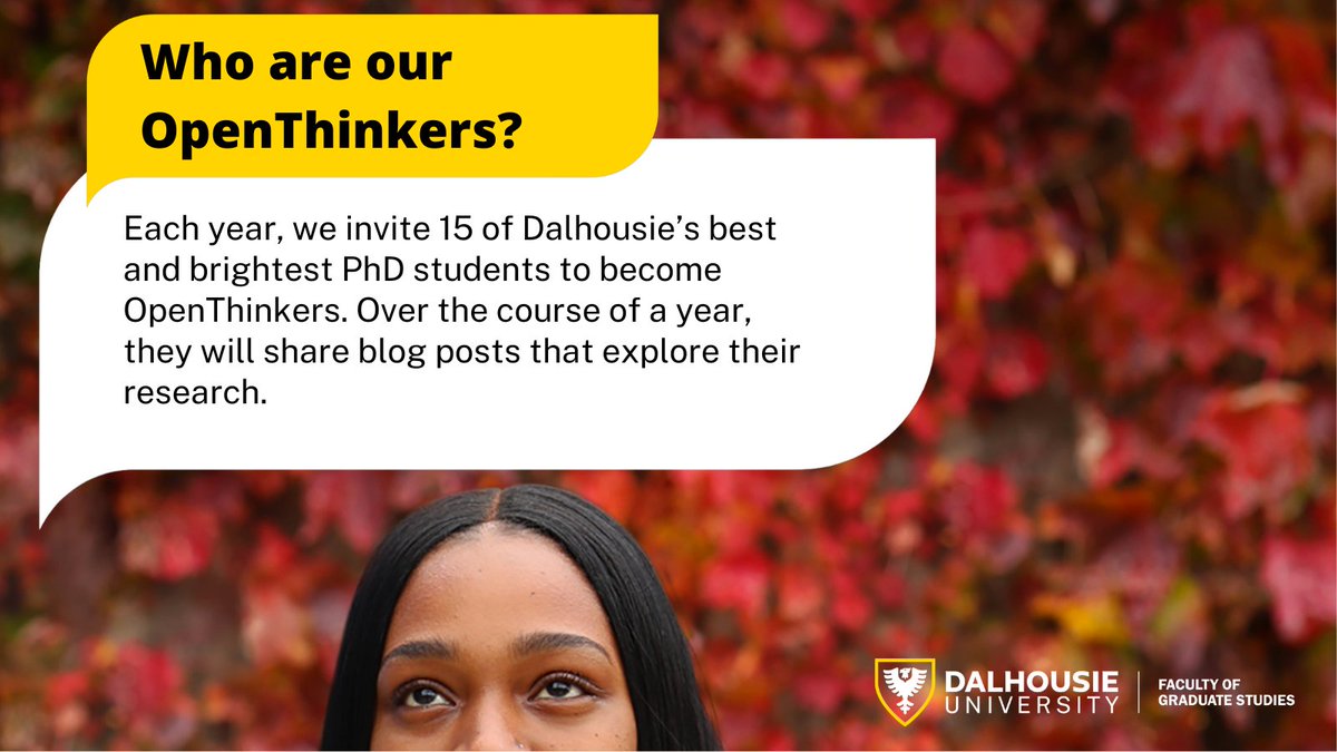 DalGradStudies's tweet photo. Each year, PhD students from across Dal join OpenThink to share their expertise with the world beyond university.

Ready to step up to the challenge? Apply by Dec. 18!

Meet our 2023 OpenThinkers ➡️ https://t.co/k7YcB2C2OB

Program info &amp; application ➡️ https://t.co/zMSt1rkpqf https://t.co/05StwQUqvu