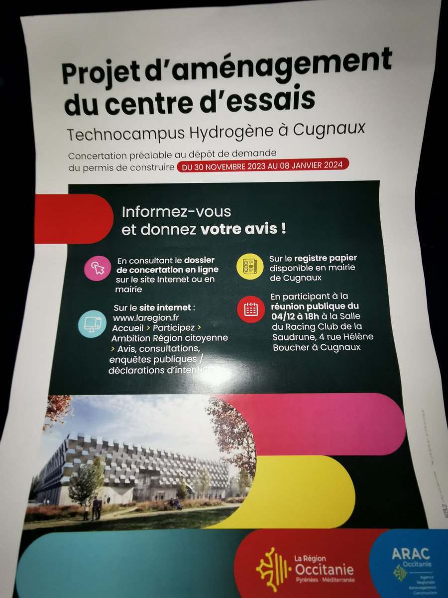 Face au changement climatique, l'<a href="/Occitanie/">Région Occitanie</a> s'engage dans la décarbonation de l'énergie, des mobilités et de l'industrie.
Le technocampus centre de recherche et d'essai #hydrogènevert sera l'une des solutions.
Je suis à #Cugnaux pour une réunion publique dans le cadre du projet.