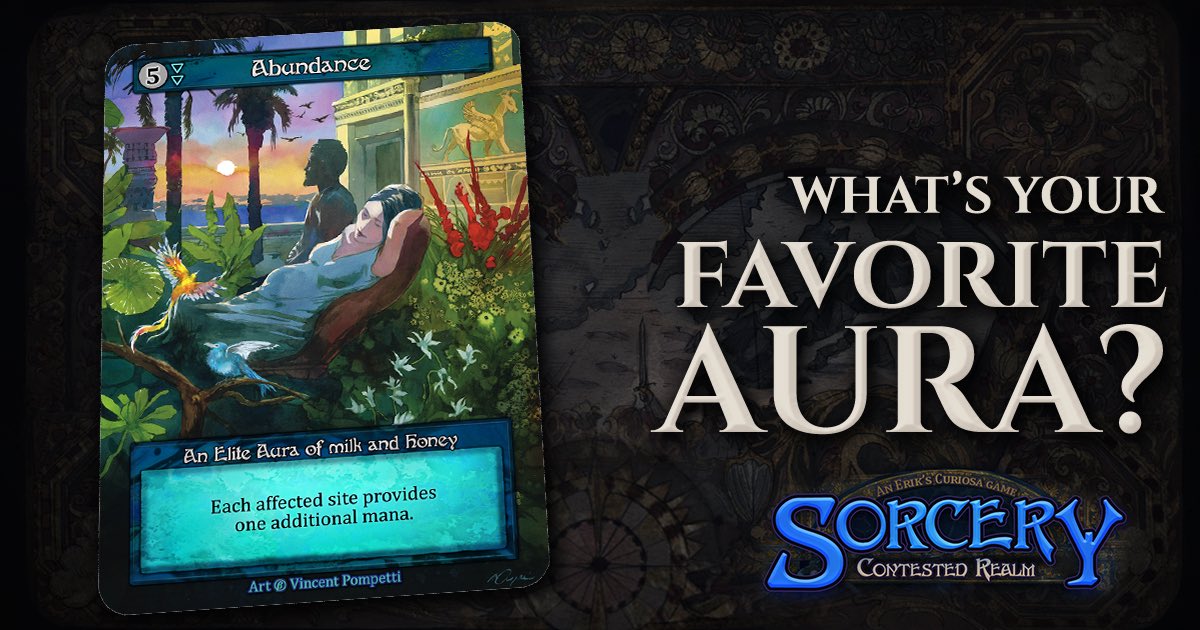 SorceryTCG's tweet photo. Auras are lasting manifestations of elemental power in the Realm. What’s your favorite Aura in Sorcery: Contested Realm? 

You can review the cards of Sorcery at https://t.co/P8EQhTKwkO

#sorcerytcg #tcg https://t.co/HPrHbfoerl