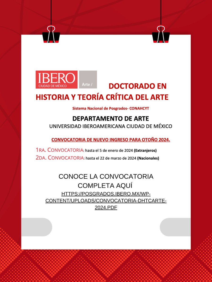 Nuestra convocatoria para el Doctorado en Historia y Teoría Crítica del Arte está abierta.

Consulta las bases aquí: posgrados.ibero.mx/wp-content/upl…

#arteibero
