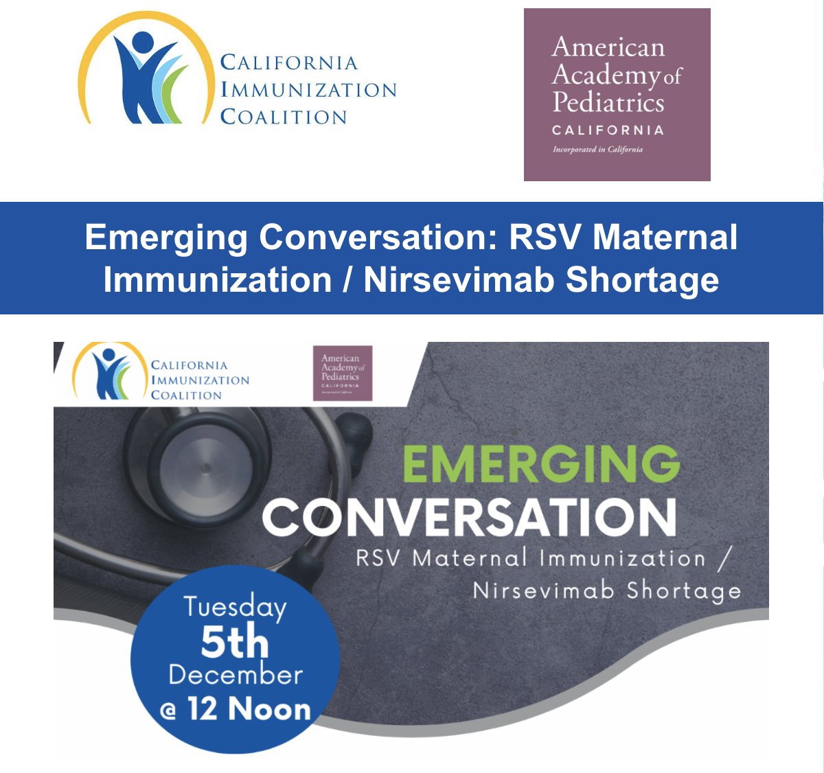 ImmunizeCa's tweet photo. Join us tomorrow at 12:00 noon PT for important conversation on maternal vaccination against RSV https://t.co/dG5K6IzVW2
#ThisIsOurShot #VaccinesWork #VaccinesSaveLives https://t.co/H6OLru7kiS