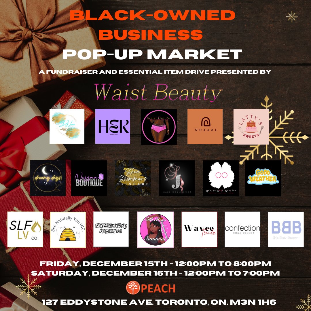 We are so excited that we will be hosting a #blackownedbusiness pop up market from December 15-16 w/ #waistbeauty and more #smallbusiness - Get ready to experience holiday shopping at PEACH.
#blackbusiness #blackbusinessowner #Toronto #JaneFinch #blackbusinesscanada