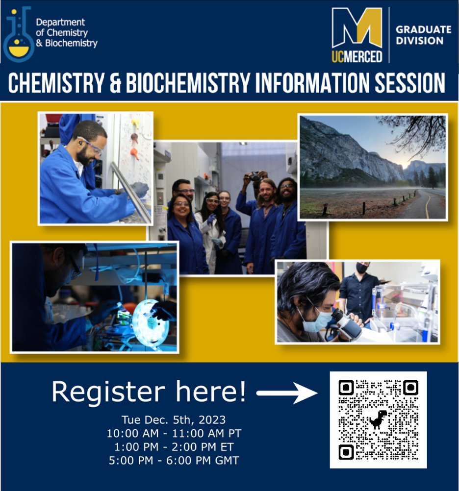 📢📢📢Happening tomorrow at 10 AM PST! Join us for a faculty-led recruitment webinar on 12/5 @ 10AM PST, 1PM EST! 
Hear all about the Chemistry &amp; Biochemistry graduate program at UC Merced! Register here: shorturl.at/etCQ3
(...and get a registration fee waiver, too!!!)
