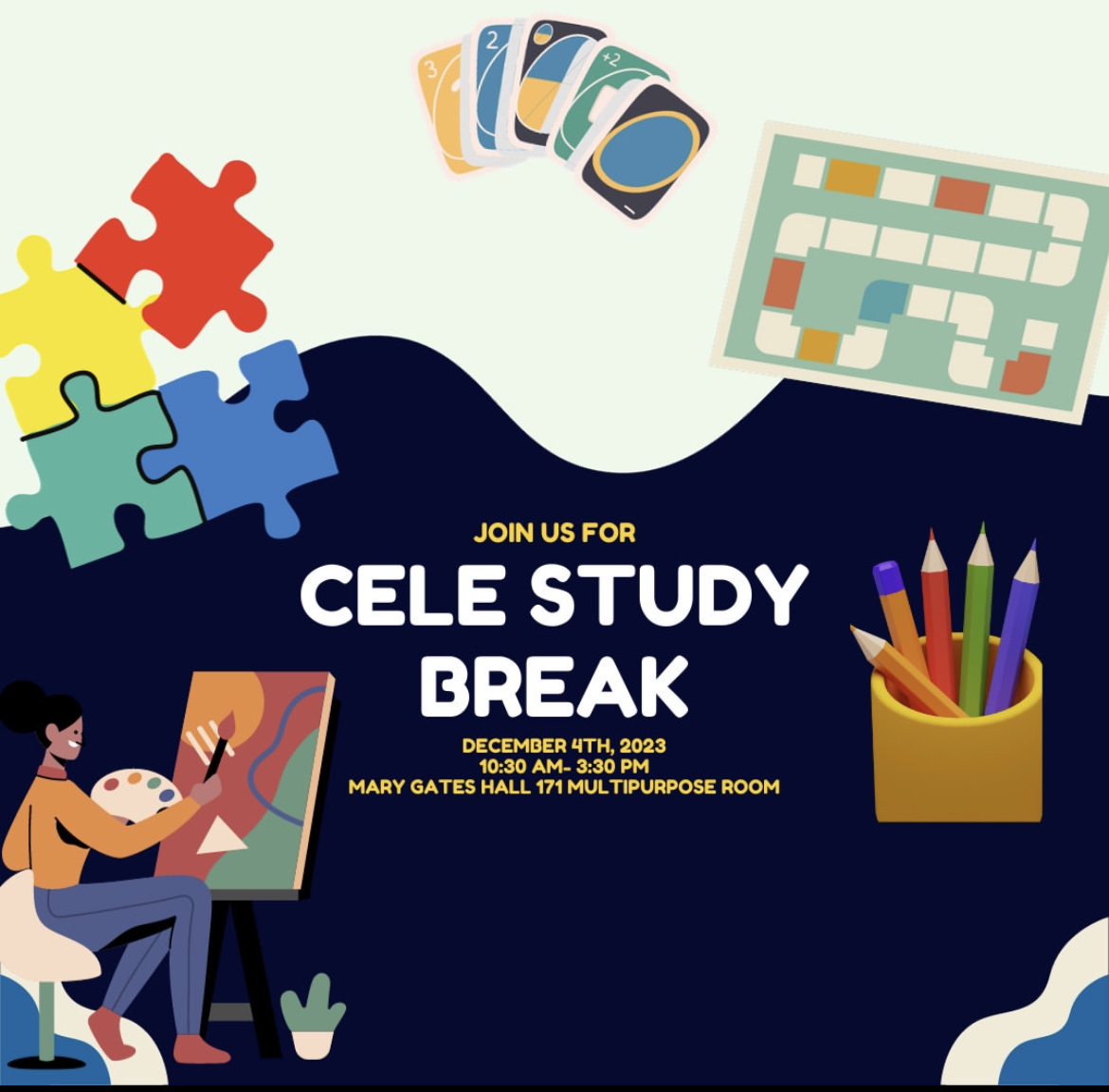 Join the UW CELE Center today for a study break! Drop in anytime through 3:30 p.m. for puzzles, games, painting and coloring. Snacks provided! Mary Gates Hall 171