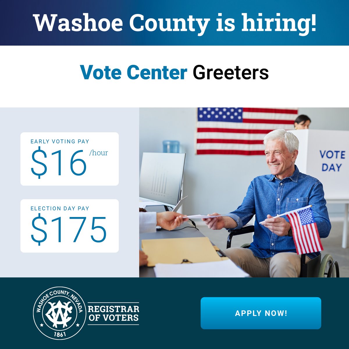 washoecounty's tweet image. Preparations for the 2024 Election are already well underway, and Washoe County is looking to recruit Greeters for vote centers. Interested? Find out more about the many paid positions available here: washoecounty.gov/voters/get-inv…