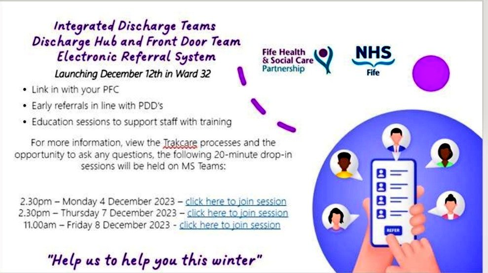 🗣Calling Team @nhsfife reminder to join our teams education session this week b4 going live with our digital referrals on the 12th of December Fantastic work @GeorgeRCameron5 @Heather20426685 👏👏👏💯
#Dischargeplanningtogether 
#Timely
#Referral
#Digital 
@FifeHSCP