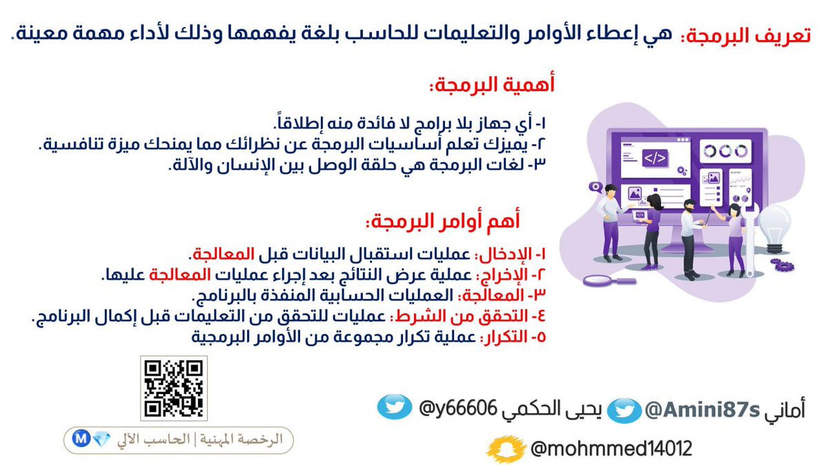 Computerlicense's tweet image. 5️⃣ #المعيار_الخامس 
✍🏻  إتقان المفاهيم البرمجية الأساسية

✳️ تعريف البرمجة
✴️ أهمية البرمجة
♦️ أهم أوامر البرمجة

✍🏻  إعداد: 
أ- أماني الشهراني
أ- يحيى الحكمي