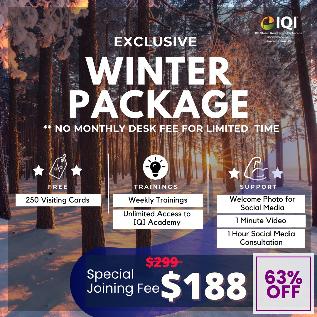 iqicanada's tweet image. ❄️ IQI Canada's EXCLUSIVE WINTER PACKAGE has arrived at just $188! 🏡  Enjoy 250 FREE Visiting Cards and access to boundless training, mentorship, and insights. All without desk fees! 
Offer ends Dec 31. 🏃‍♀️🏃‍♂️ Link in bio. 

#WinterPackage #WinterSpecial #IQICanada