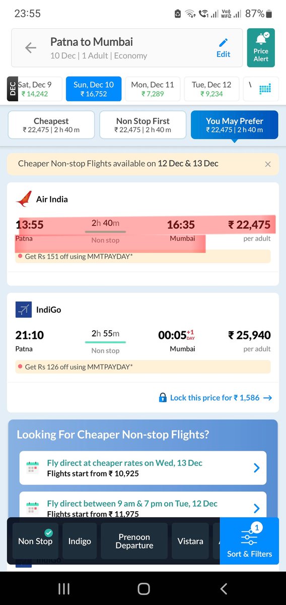 abkmax_07's tweet photo. Hon'ble @JM_Scindia  Sir, Could you please look into the SKYROCKETING fares of domestic flight. I'm stunned and shocked to see that even "MUMBAI-PARIS" Flight is cheaper than from my "Hometon(PATNA) - MUMBAI"! Just Wondering where is so called UDAN scheme and all.. @DGCAIndia https://t.co/dLXn2HHEDw