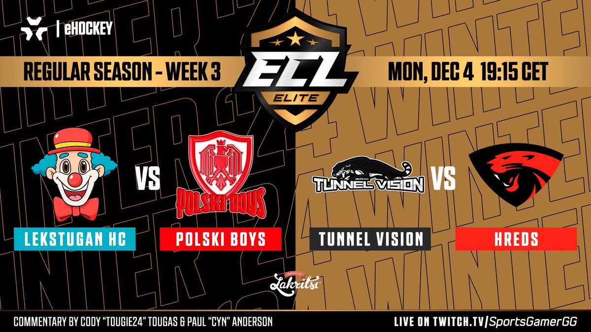 Time for our main event - The #ECL24Winter Elite Broadcast! 🔴

📺twitch.tv/SportsGamerGG

<a href="/LekstuganHC/">Lekstugan HC</a> vs <a href="/Polski_Boys/">Polski Boys</a>
@TUNNELVISIONNHL vs <a href="/hredsofficial/">hREDS</a>

🎙️ <a href="/Tougie24/">Tougie24</a> &amp; <a href="/CynFtwProd/">Cyn</a>

#NHL24 #esports #eHockey #KouvolanLakritsi