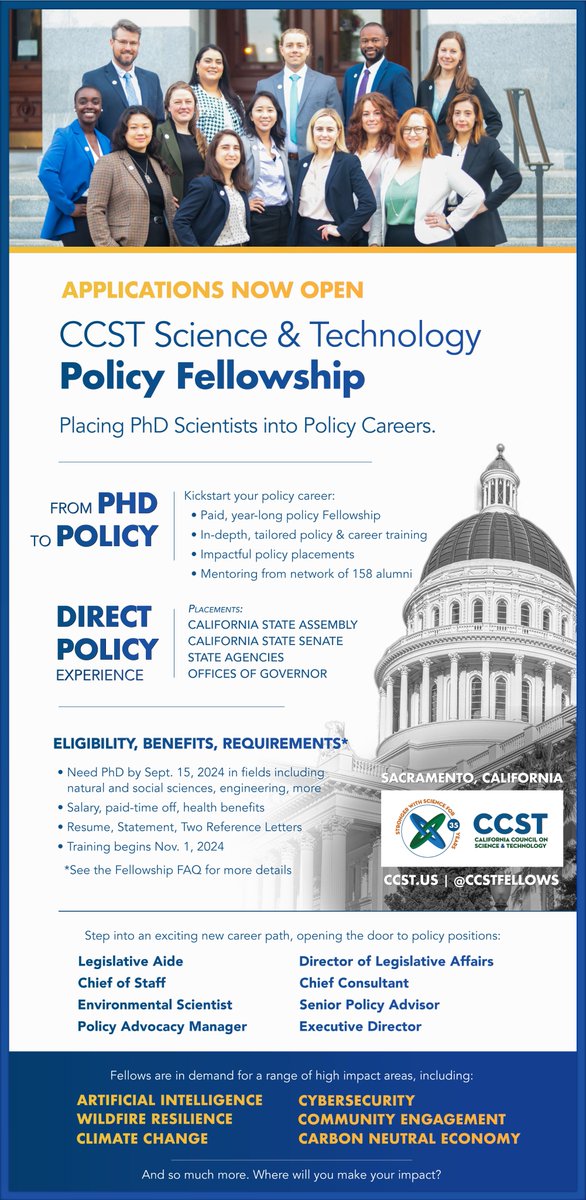 📢 NOW OPEN: Applications for the CCST Science &amp; Technology Policy Fellowship

🚀 From PhD to policy, kickstart an exciting career path, opening the door to impactful policy positions

🔗 ccst.us/ccst-science-f…

#SciPol <a href="/SciPolJobs/">Science Policy Jobs</a> #SciComm #PhD #Sacramento #CAleg <a href="/SciPolNetwork/">National Science Policy Network (NSPN)</a>