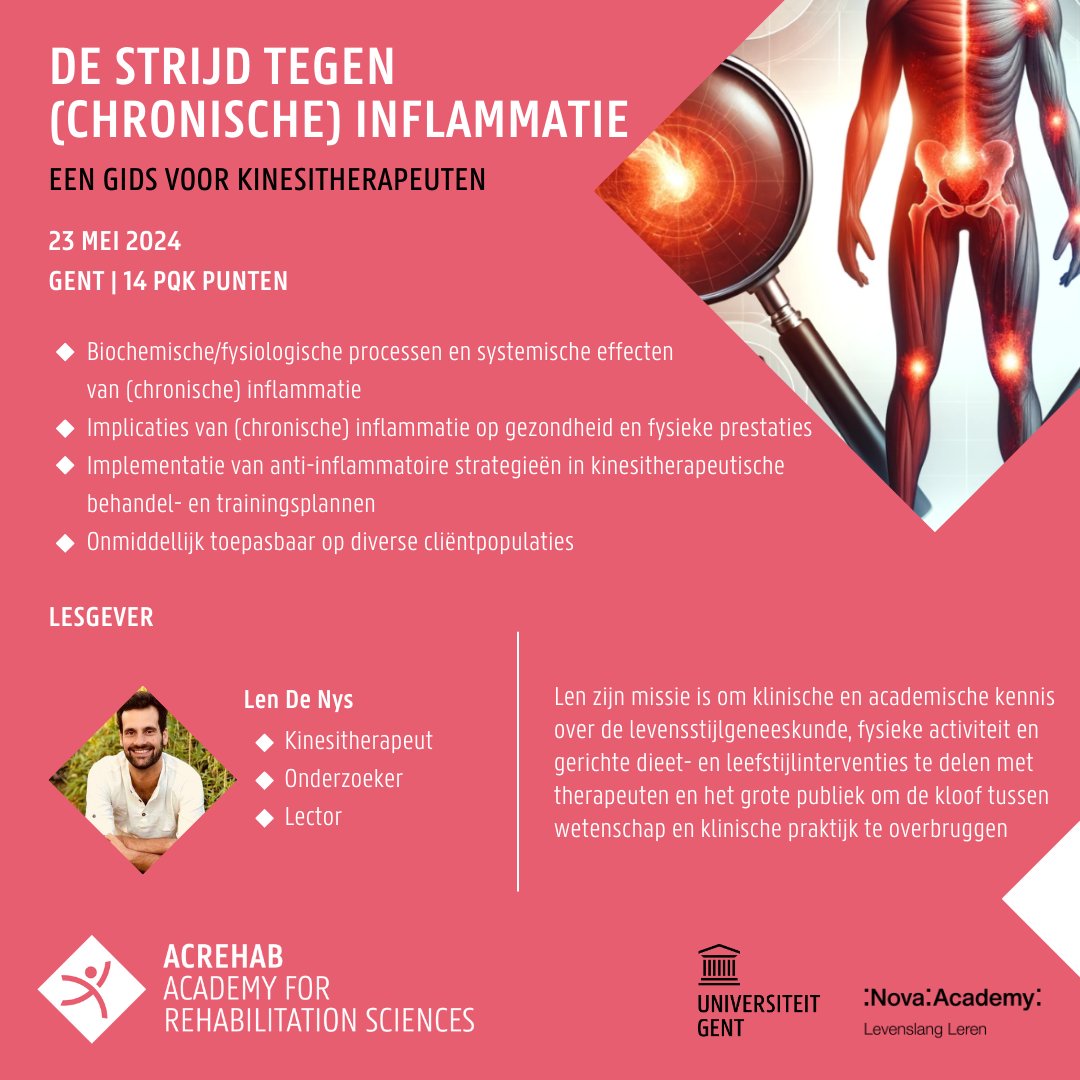🔎🔥Tijdens deze dagopleiding gaan we dieper in op de rol van inflammatie bij verschillende ziektebeelden en werpen licht op het onderscheid tussen acute en chronische ontsteking  en op anti-inflammatoire strategieën en hun implementatie bij trainings- en revalidatieprogramma’s.