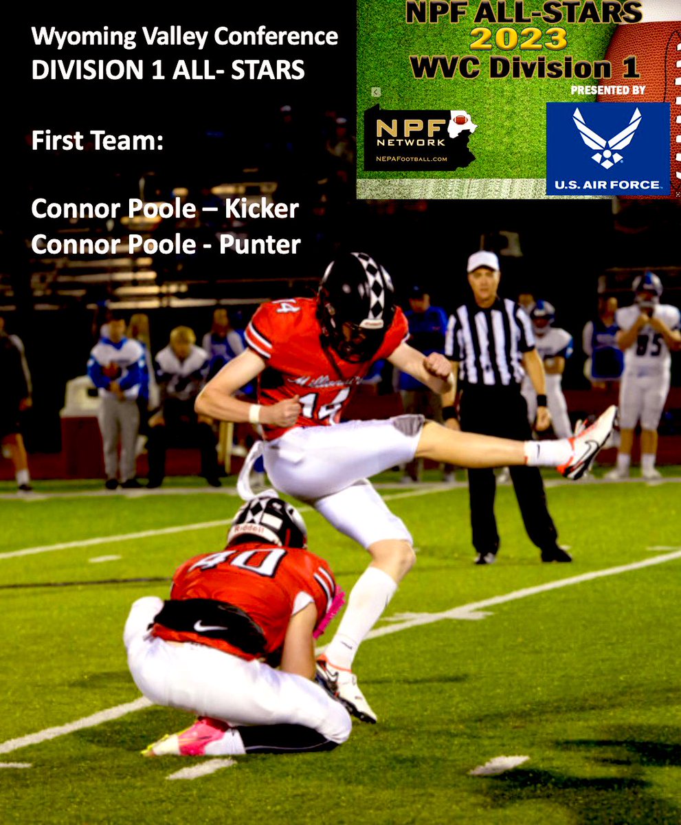 C8onnorpoole's tweet photo. Honored to be named a 1st team All-Star for the Wyoming Valley Conference Div 1 as both a kicker and punter. 🏈 🏈 https://t.co/N9j89Bv2Xd