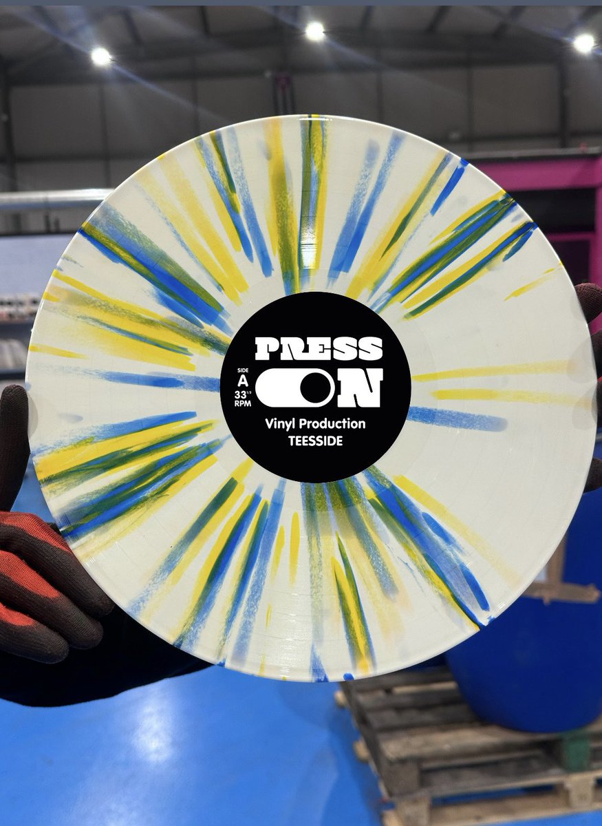 Today’s record . . . a blue, yellow, and white splatter vinyl. 🌀🎵

#VinylDreams #MusicPalette #vinylproduction #recordlabel #newmusic #splatterdisc #bandmerch
