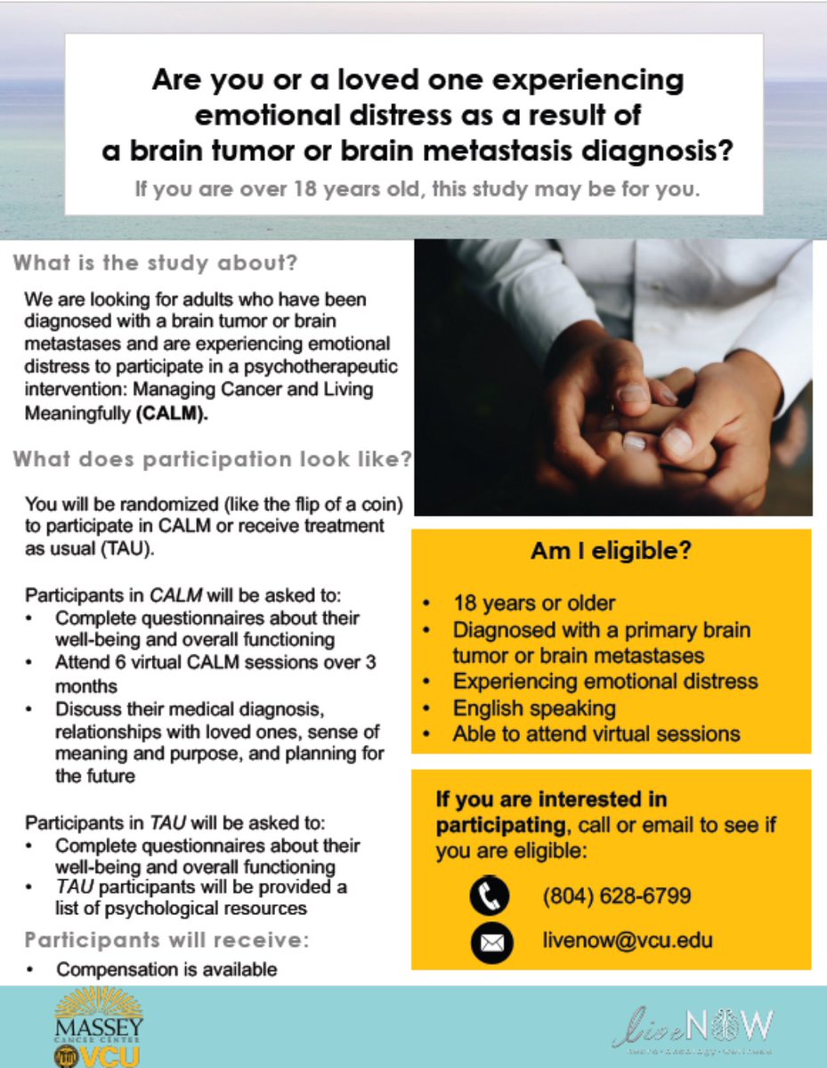 Calling all patients with a primary or metastatic brain tumor living in the USA🧠🎗️‼️

We are hoping you will participate in a 6-session VIRTUAL psychotherapy aimed to reduce emotional distress! Email or call us for more information 🚨 #retweet