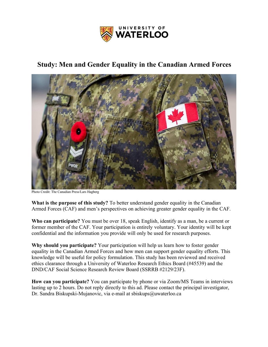 sandrabisk's tweet photo. I am  conducting a study that  seeks to better understand gender equality in the Canadian Armed Forces (CAF) and men’s perspectives on the topic. If you, or someone you know is interested, check out the poster with information below: https://t.co/zfh6diDHTD