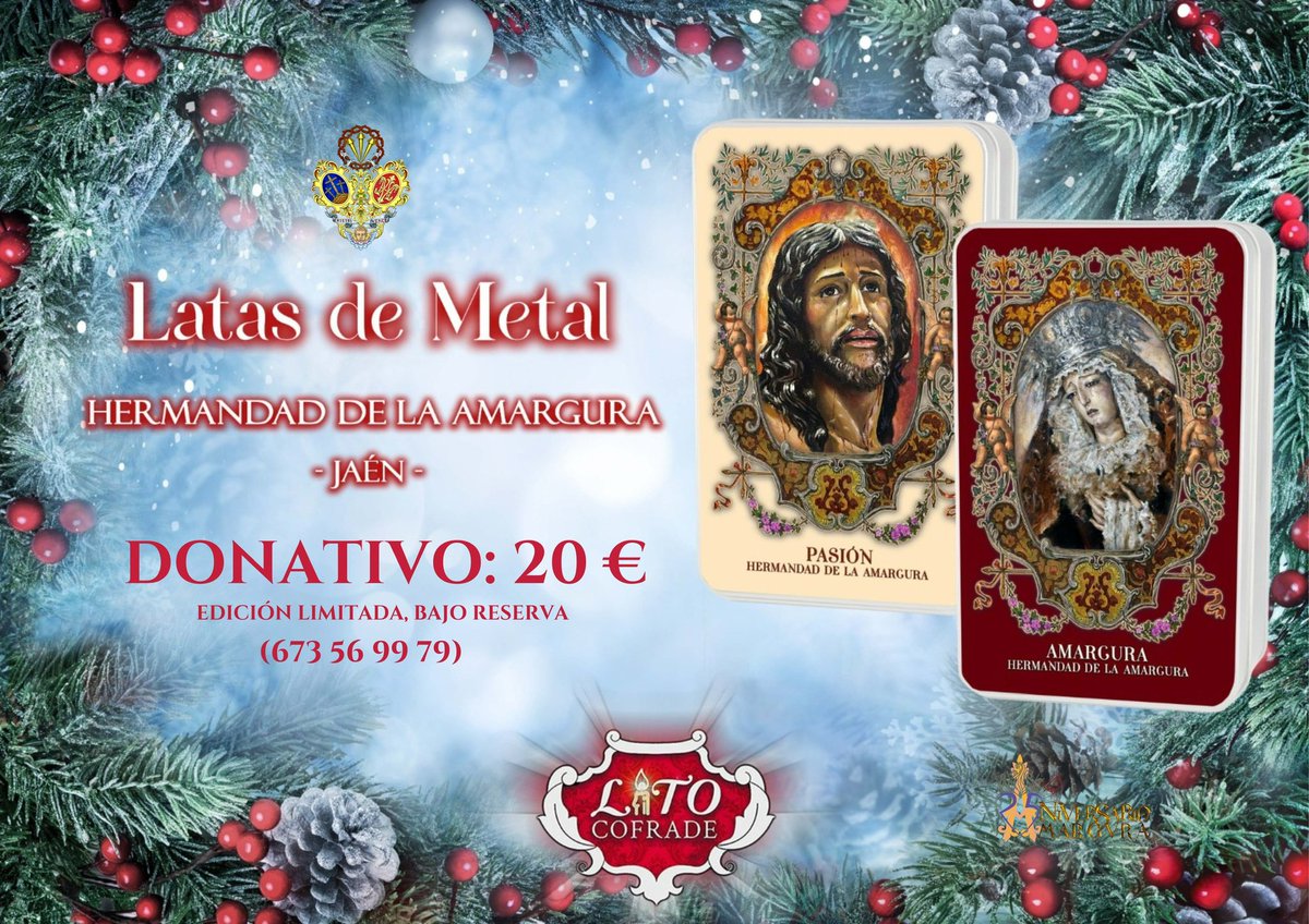 MERCHANDISING | Nuestra hermandad pone a la venta estas latas de metal rellenas de bombones con las imágenes de nuestros Sagrados Titulares.

Son edición limitada, por lo que se realizará bajo reserva.  El donativo de las mismas es de 20 €.