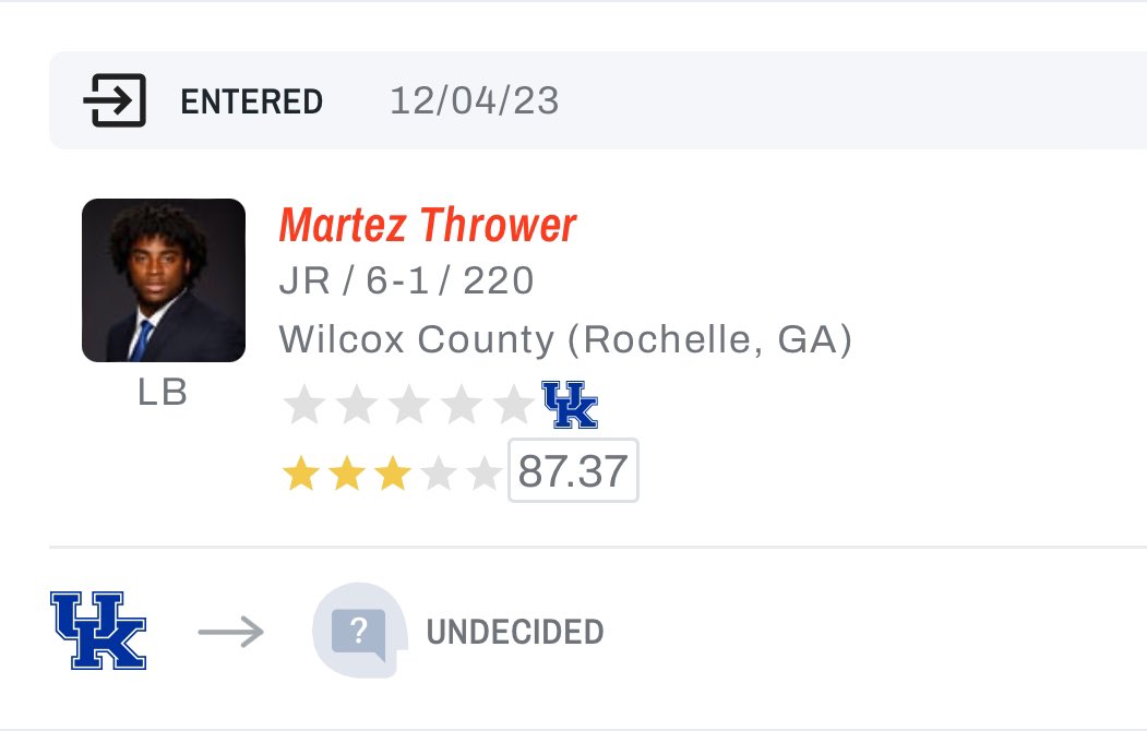 Kentucky LB Martez Thrower (<a href="/ThrowerMartez/">martez thrower</a>) has entered the NCAA transfer portal, <a href="/On3sports/">On3</a> has learned. 

on3.com/transfer-porta…