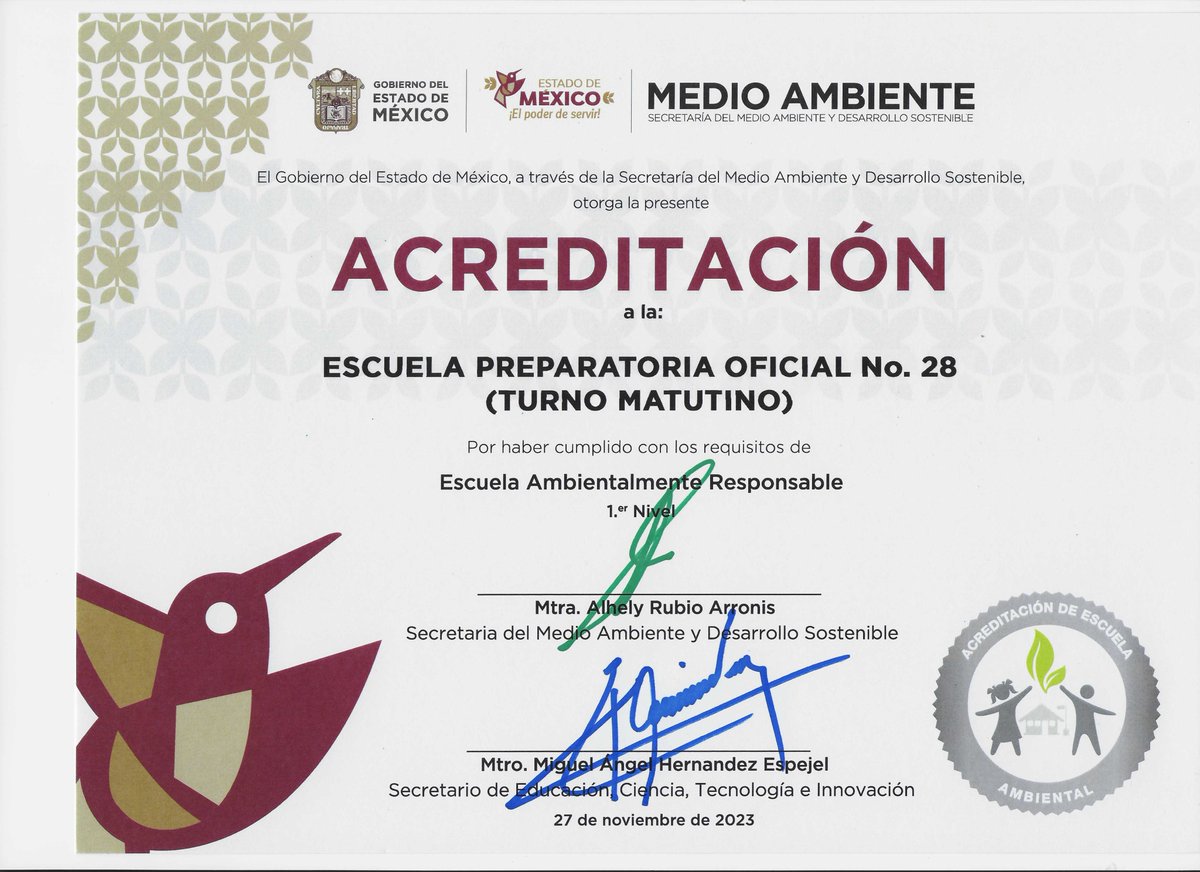 prepa28neza's tweet photo. INFO204-El pasado 1 de Diciembre se recibió por parte del Secretario de Educación, Ciencia, Tecnología e Innovación documento de ACREDITACIÓN de Escuela AMBIENTALMENTE RESPONSABLE. Gracias al esfuerzo de toda la comunidad Prepa28Neza.
@loboalfa28 @s44 @SBGOriente @AmbienteEdomex https://t.co/8fBu6JRt0J