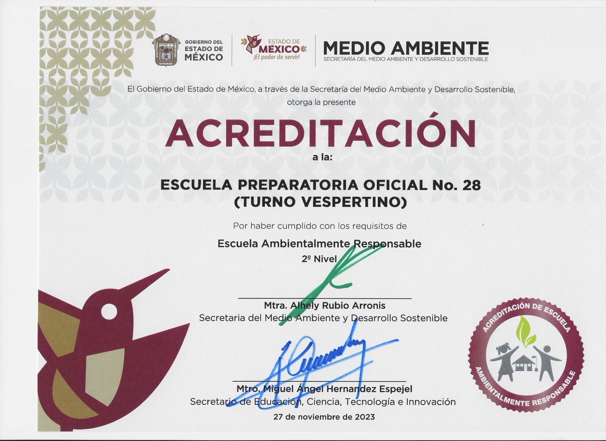 prepa28neza's tweet photo. INFO204-El pasado 1 de Diciembre se recibió por parte del Secretario de Educación, Ciencia, Tecnología e Innovación documento de ACREDITACIÓN de Escuela AMBIENTALMENTE RESPONSABLE. Gracias al esfuerzo de toda la comunidad Prepa28Neza.
@loboalfa28 @s44 @SBGOriente @AmbienteEdomex https://t.co/8fBu6JRt0J