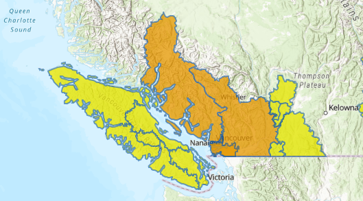 EmergencyInfoBC's tweet photo. FLOOD WATCH issued by the #BC River Forecast Centre for: South Coast, Lower Mainland (including Metro #Vancouver) &amp; Lower Fraser Valley (to #HopeBC &amp; the #Coquihalla summit). Flooding in areas near these rivers may occur.   

More info: https://t.co/kTpELSF2Y4 #BCFlood https://t.co/rDQ7ZSv84y