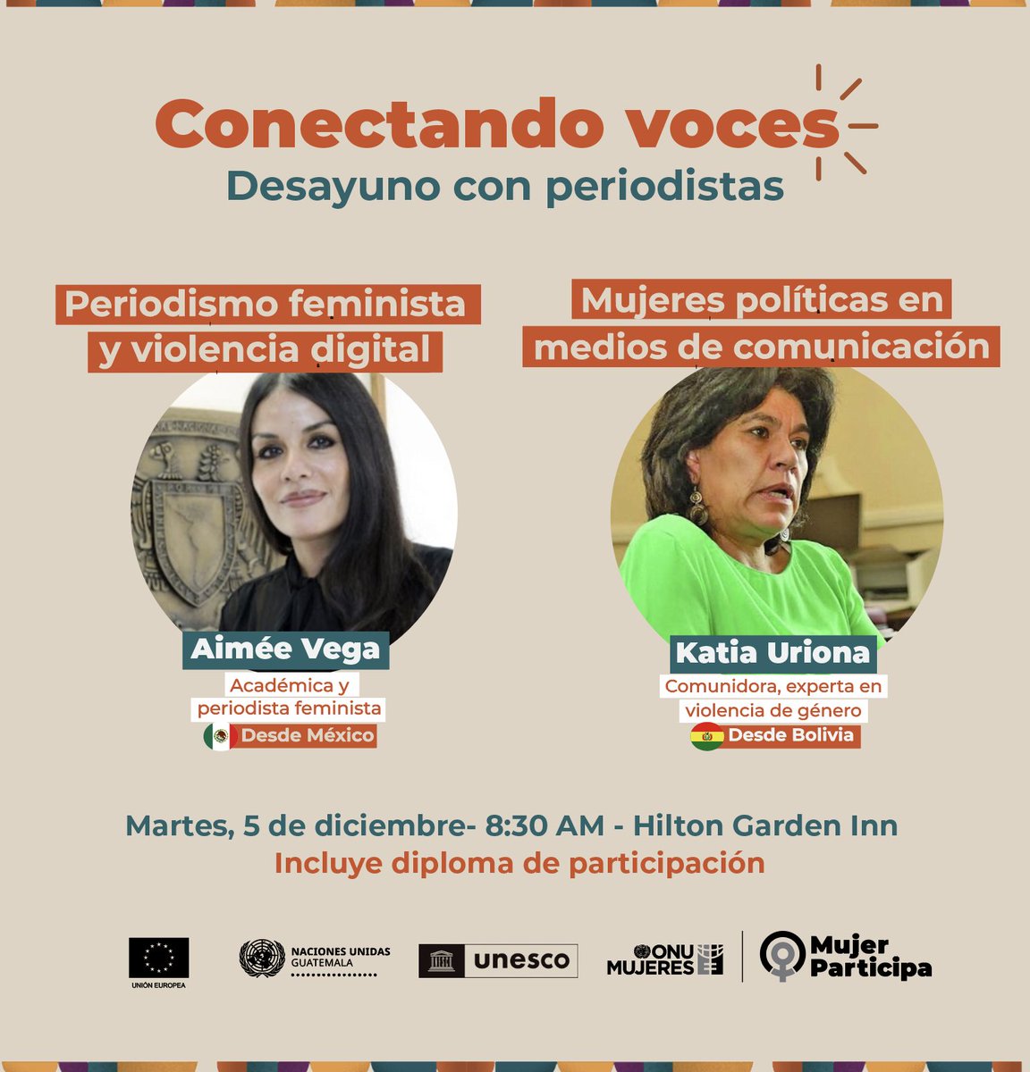 UEGuatemala's tweet photo. 🇪🇺 Junto a @onumujeresgt te invitamos a participar en #ConectandoVoces: taller sobre periodismo feminista, violencia digital y mujeres políticas en medios de comunicación.

🗓️ Mañana 8:30 h
🏨 Hilton Garden Inn
💻 Registro de participación⤵️
https://t.co/qj8PjMYLSc

#UEGuatemala https://t.co/1sf5gOWFsJ