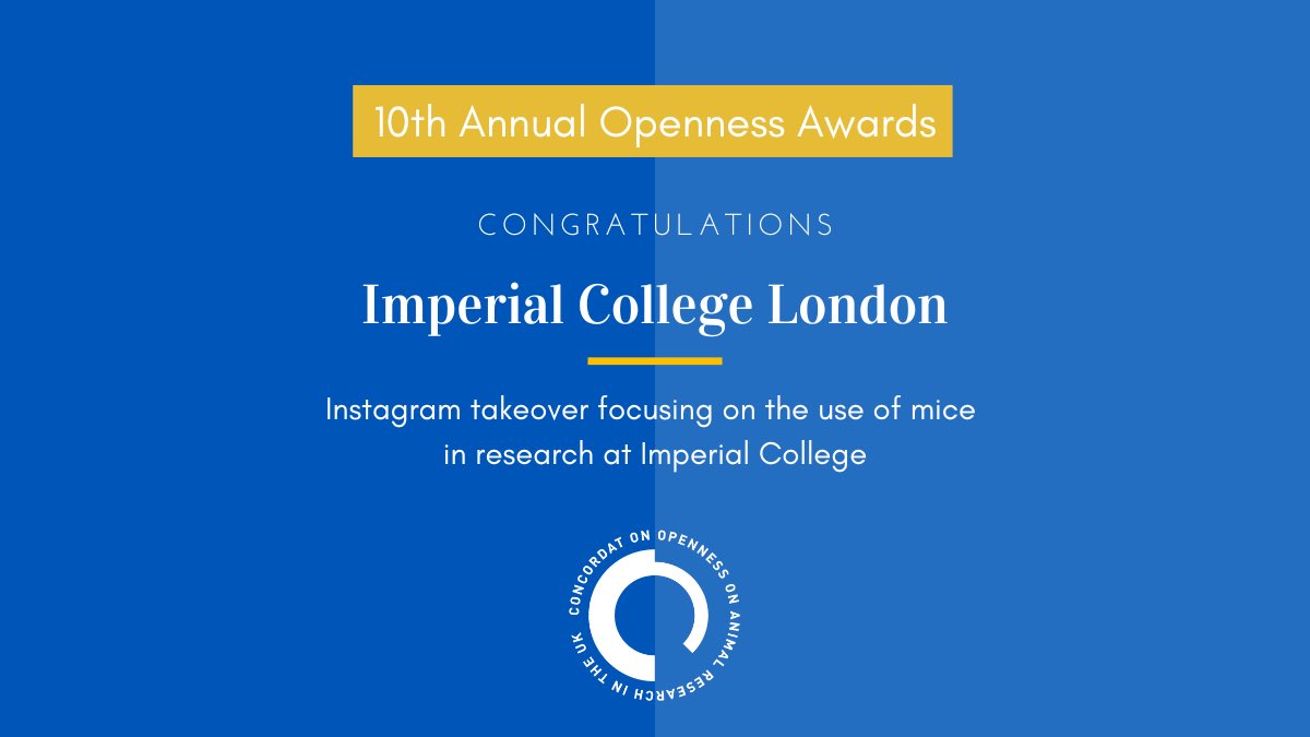 animalresearch's tweet image. The 10th Annual Openness Awards | Award Winners 🏆

Congratulations to @ImperialCollege who have won an award for their #MiceInResearch Instagram Takeover!

#ConcordatOpenness