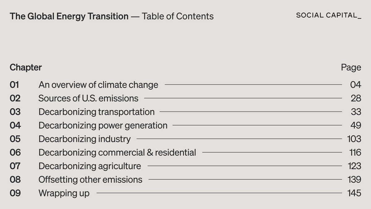 chamath's tweet photo. Deep Dive: The Global Energy Transition

In 2020, I made a personal commitment to learn and invest in the energy transition and clean tech / climate change initiatives. I connected with a friend of mine who was a Senior Partner at McKinsey who told me a little secret: when folks like Bill Gates want to learn important new topics, McKinsey helps to educate them by bringing in their Partners to do teach-ins.

Over the next many months, I decided to do the same. They helped teach me a lot, but it also cost me more than $2mm!

So what do you do if you don’t have this kind of money to spend on an ongoing basis? How do we feed our curiosity and continue to learn about the important things that are going on in the world?

Every month, I will publish a deep dive into a sector that I think is important to understand the world today. These fall into five themes:

1. Deep Tech
2. Energy Transition
3. Healthcare & Life Sciences
4. Economic Analysis
5. Socio-Political Trends

My first deep-dive into the Global Energy Transition is available to you today if you want to learn with me. This is split into two slide decks.

The first is a comprehensive overview of the climate problem, why it exists, where we are today, and potential solutions to fix it.

The second is a deep-dive into the Inflation Reduction Act, a key piece of U.S. climate legislation with massive implications for energy transition sectors.

You can read these today on my Substack using the link in my bio. Going forward, future deep-dives will be available to paid subscribers.

If enough people care about this and subscribe, we will invest those revenues to hire more researchers to help me publish more content. We will also look to our subscribers to influence what we research and read out to everyone.

Future Deep Dives:

Disclaimer: The views and opinions expressed above are current as of the date of this document and are subject to change without notice. Materials referenced above will be provided for educational purposes only. None of the above will include investment advice, a recommendation or an offer to sell, or a solicitation of an offer to buy, any securities or investment products.
