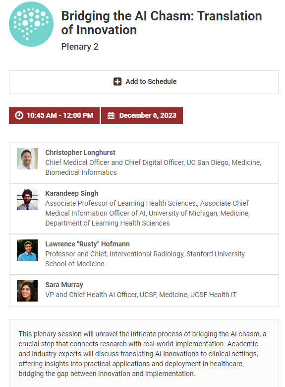 Looking forward to joining the #StanfordAIHealth conference this week for a plenary panel with colleagues Dr. Karandeep Singh (Michigan), Dr. Sara Murray (UCSF), and Dr. Rusty Hofmann (Stanford)!
👉aihealth2023.stanford.edu