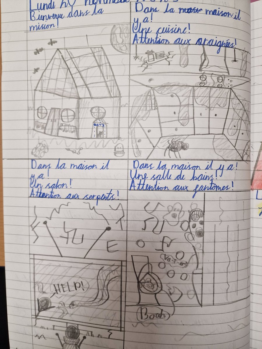MrsTaylorQP's tweet photo. I love how Y6 are using a sentence builder but adapting further by looking up their own ideas in a bilingual dictionary. Spooky house comic strips from @network_primary SOW @QueensCoEURC @Miss_BurkeQP @MissLuntQP 🇨🇵 https://t.co/9xnqjC4VTJ