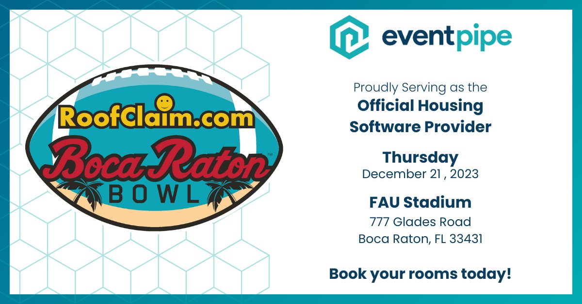 GetEventPipe's tweet photo. EventPipe is pumped to be the official housing software provider w/ @ESPNEvents for the @BocaBowl on! π #bowlseason #rcbrb
South Florida vs. Syracuse, 8 PM ET, Thursday, 12/21, FAU Stadium, Boca Raton, FL. π
Don't forget to book your hotels today. π
https://t.co/ZbQ9YxsZ9W https://t.co/vupMF8Dlqa