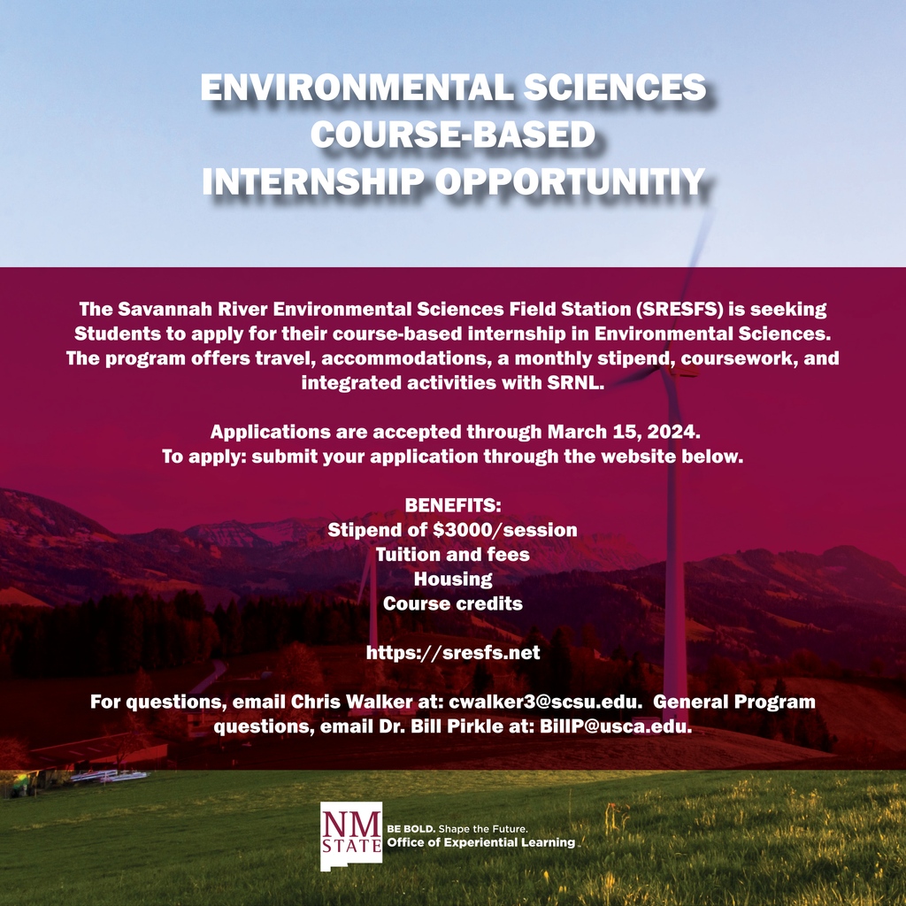 nmsuacs's tweet photo. The Savannah River Environmental Sciences Field Station is still accepting applications for their course-based internship! Applications will be accepted through March 15, 2024. 🌲

For more information visit https://t.co/Am97DwNPhB

#NMSUBound #AggieNation #NMSUAggies #AggieUp https://t.co/igXBie4yfl