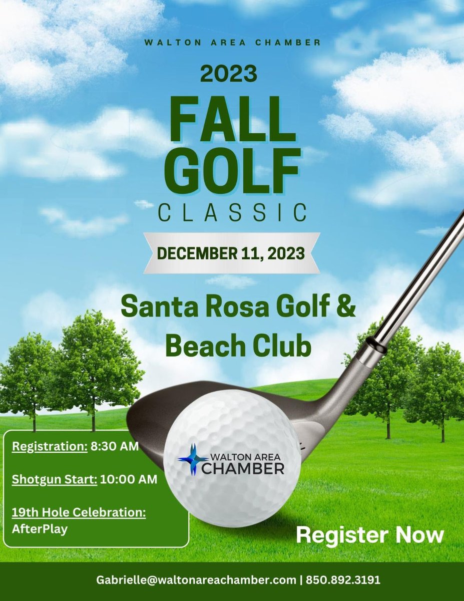 We are excited to invite you to the Walton Area Chamber of Commerce's Annual Fall Golf Classic at the prestigious Santa Rosa Golf and Beach Club on Monday, December 11th. Get ready for a day full of golf, great food, and fun!