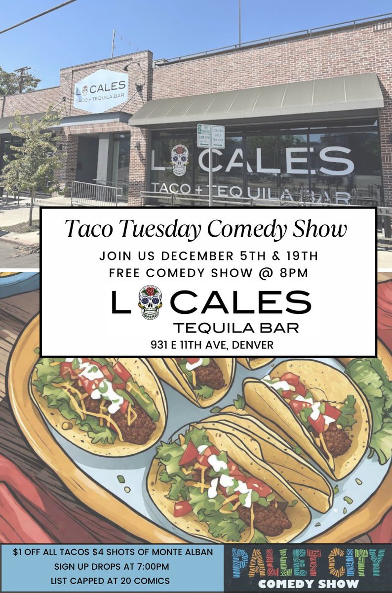THIS TUESDAY! FREE! 8pm. Come through. Comedy show! #denvercomedy #TacoTuesday #comedyshow #tequila #standupcomedy #palletcitycomedy