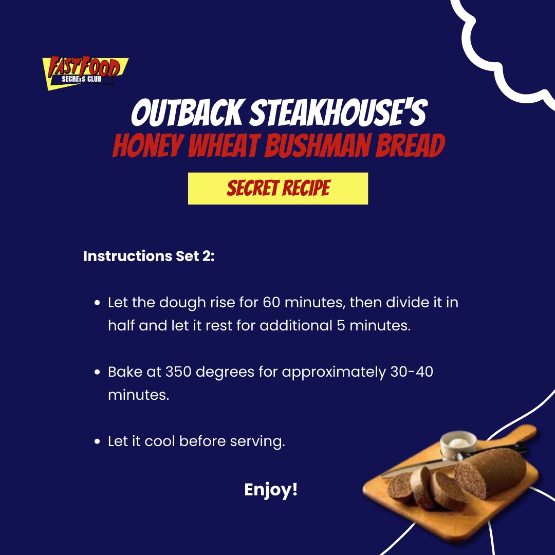 thefastfoodclub's tweet photo. Here's the secret to holiday perfection with Outback Steakhouse's Honey Wheat Bushman Bread recipe! ๐ Make your holiday gatherings more special with this freshly baked goodness in your table. โจ
#fastfoodsecretsclub #fastfoodsecrets #secretrecipe #OutbackSteakhouse https://t.co/CkAuYPOq79