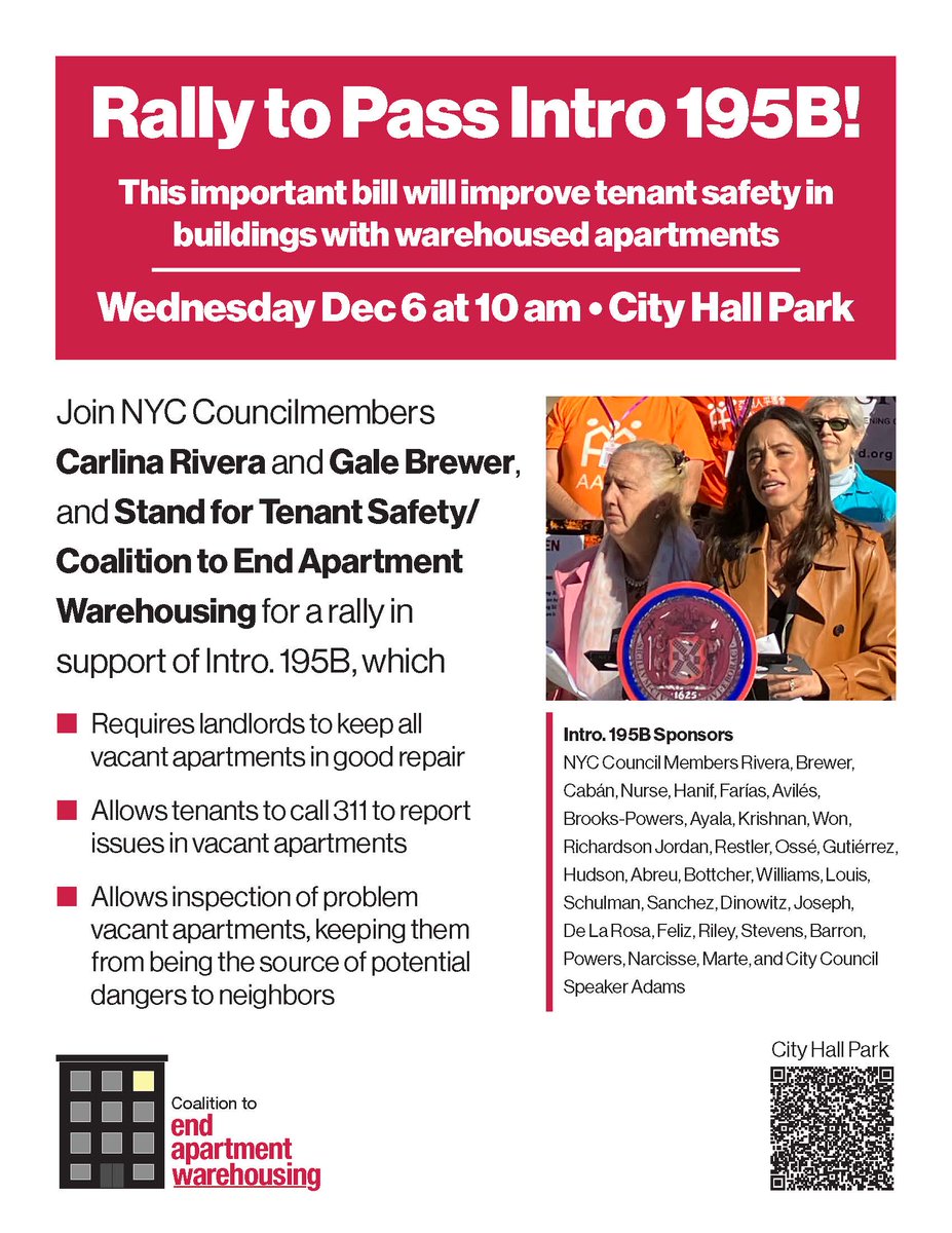 CooperSq's tweet photo. 📣Wed Dec 6 at 10 AM at City Hall Park📣
Rally to Pass Intro 195B
✅Require LLs to keep vacant apts in good repair
✅Allow tenants to call 311 about vacant apts
✅Allow inspections of vacant apts
@NyWarehousing @ReformDOB https://t.co/9RJIFavrNr