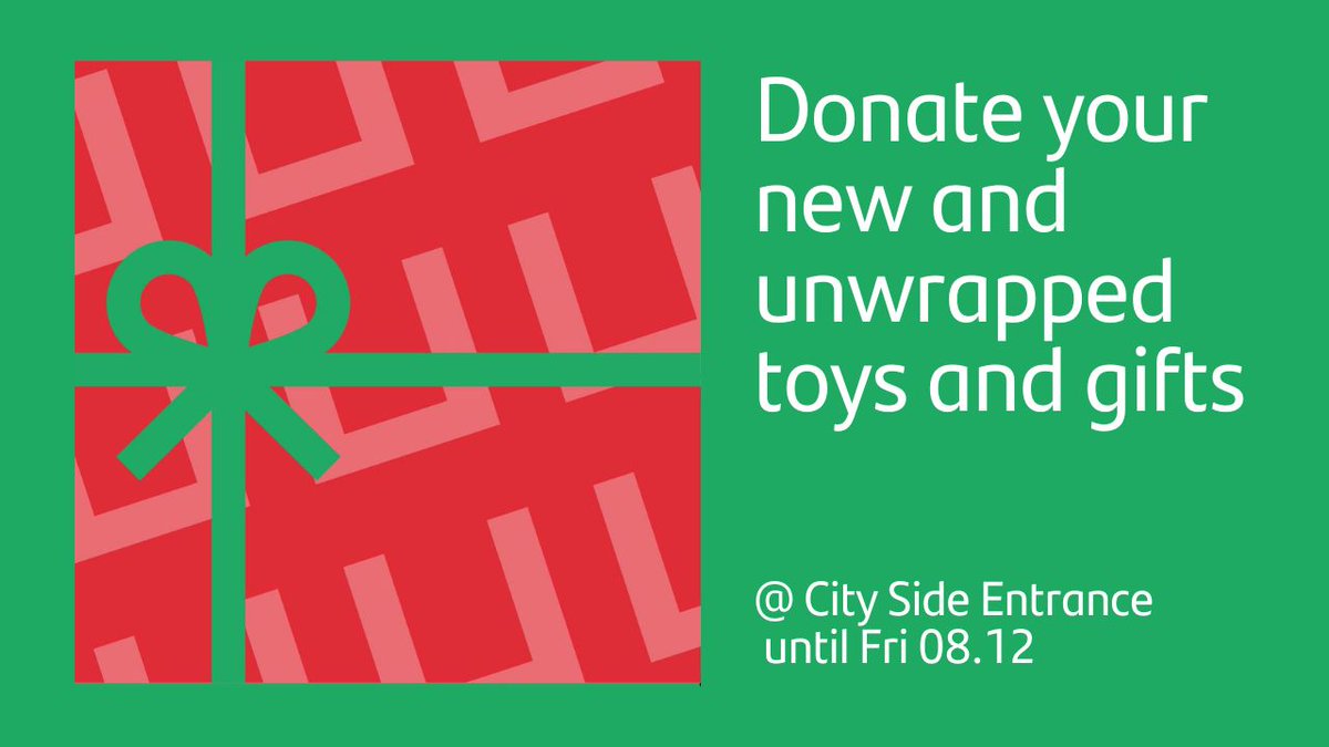 Unity Place MK (@unityplacemk) on Twitter photo Spread the joy of Christmas to families whose children would otherwise not receive a gift by donating new, unwrapped toys and gifts. <a href="/salvationarmyuk/">The Salvation Army</a> will then wrap them and distribute to those in need.
Date: Until Fri 8 December
Donation Point: City Side Entrance, Ground Floor Spread the joy of Christmas to families whose children would otherwise not receive a gift by donating new, unwrapped toys and gifts. <a href="/salvationarmyuk/">The Salvation Army</a> will then wrap them and distribute to those in need.
Date: Until Fri 8 December
Donation Point: City Side Entrance, Ground Floor