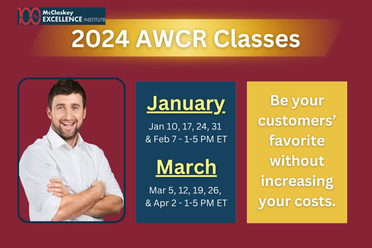 Be your customers’ favorite without increasing your costs. Sign up for our Achieving World-Class Results class. Upcoming classes starting in January and March 2024. 
mcclaskeyexcellence.com/register