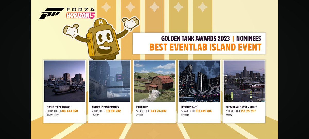 Thank you for the nomination! And thank you again for all the support!
<a href="/WeArePlayground/">Playground Games</a> <a href="/ForzaHorizon/">Forza Horizon</a> 

Good luck to everyone that was nominated. So many great creations! 

Voting is open: 
forums.forza.net/t/2023-golden-…