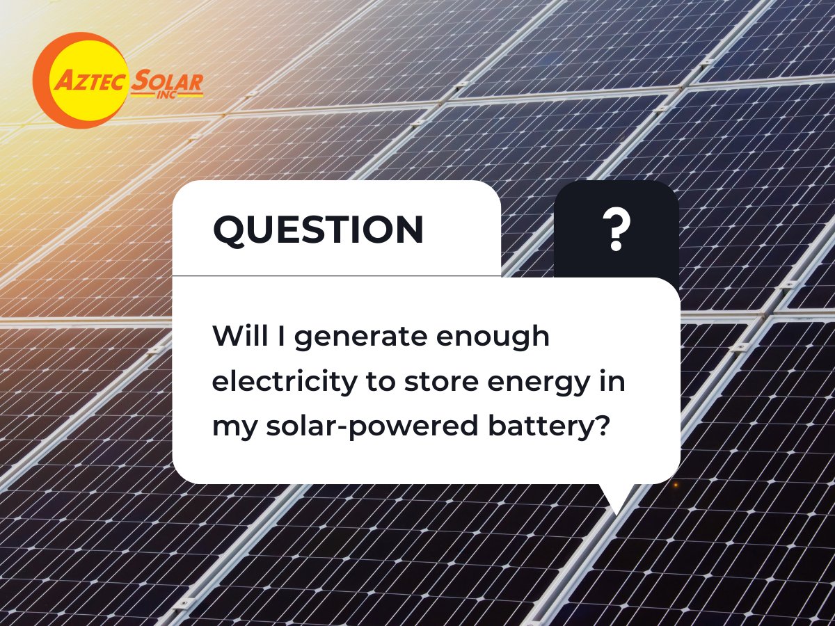 aztecsolar's tweet image. It depends on the size of your system. Your Aztec Solar representative will be able to assess how many panels you need and can ensure that you’re able to produce enough energy to justify a solar battery backup system.

#solar #californiasolar #aztecsolar #solarbattery