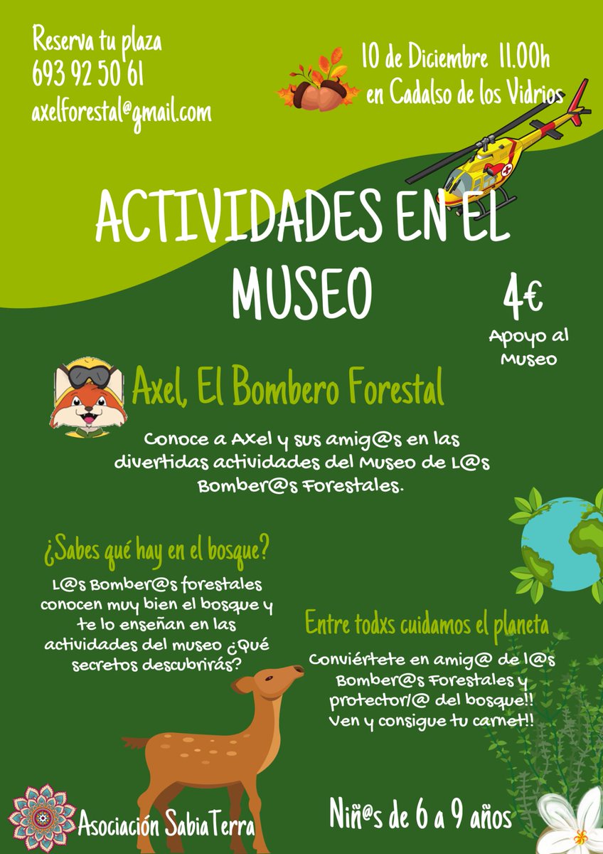 Os recordamos que los chavales tenéis una cita  con <a href="/AxelBomberoF/">Axel</a>  en el Museo <a href="/DelBombero/">MUSEO DEL BOMBERO FORESTAL.</a> el domingo día 10 de diciembre en Cadalso de los Vidrios. <a href="/Cadalso_Opina/">Ayuntamiento de Cadalso de los Vidrios</a> <a href="/lakota_uncas/">Uncas Lakota</a> <a href="/AT_Brif/">ATBRIF</a> <a href="/112cmadrid/">112 Comunidad de Madrid</a> <a href="/SIBF_BomberosF/">Bomberos Forestales</a> <a href="/Plan_INFOCAM/">INFOCAM</a> <a href="/INFOCYL/">Incendios Forestales Castilla y León</a> <a href="/BomberosMad/">Bomberos Madrid</a> <a href="/BBFFMadrid/">Bomberos Forestales Comunidad de Madrid</a>