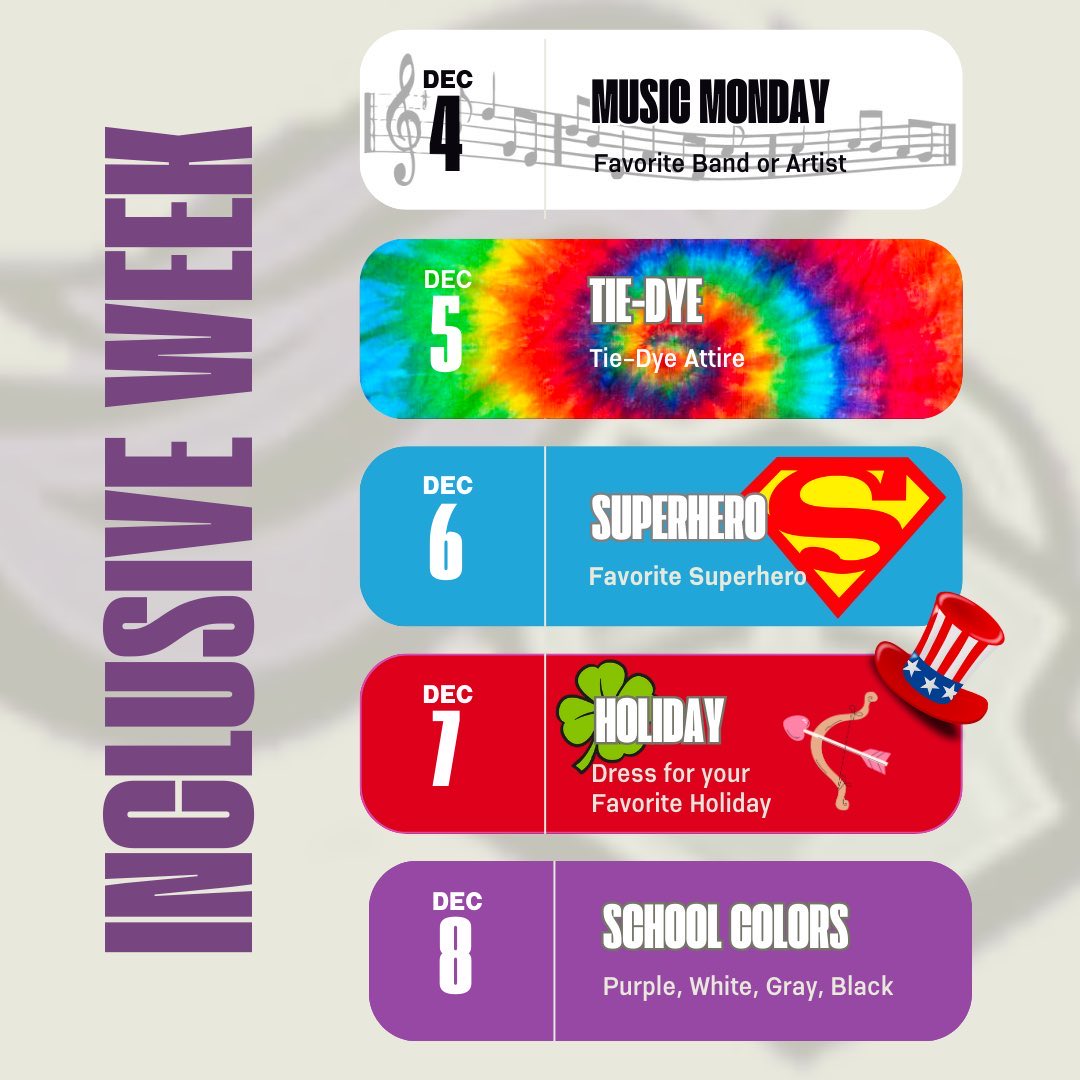 This week we are excited to participate in Inclusive Schools Week! Check out the theme days for this week happening in the high school!