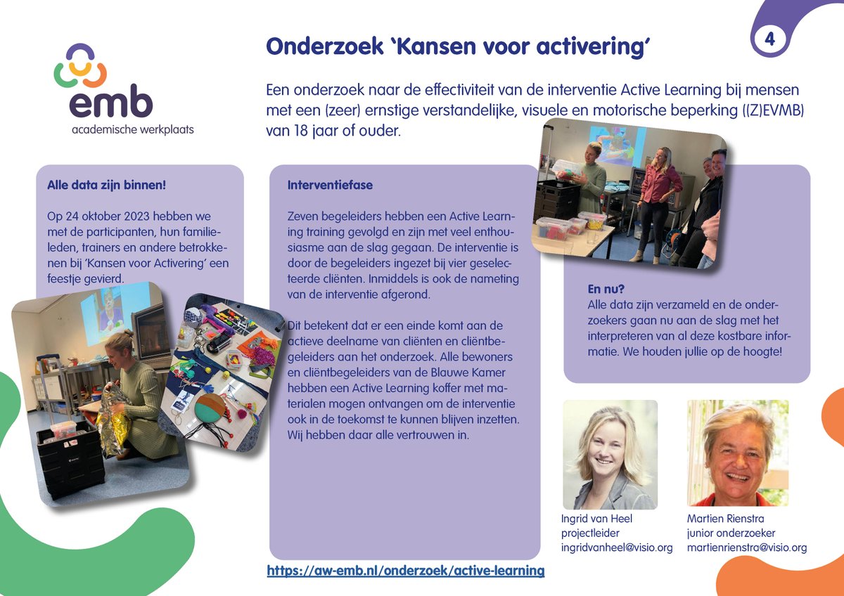 Nieuws vanuit het onderzoeksproject Kansen voor activering: een onderzoek naar de effectiviteit van de interventie Active Learning. Meer informatie over dit onderzoek van aw-emb.nl/onderzoek/acti…