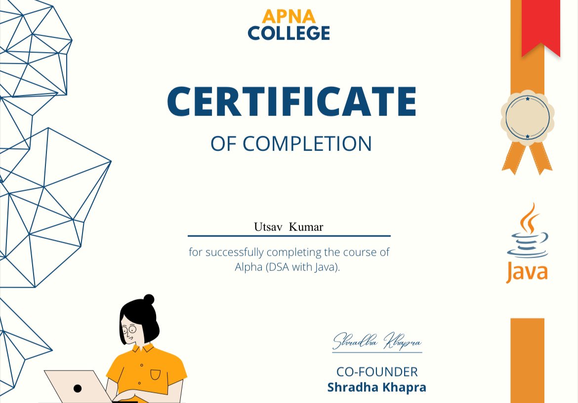 itsUtsav2020's tweet photo. Just wrapped up my first tech course – Java DSA with the amazing Alpha Batch at Apna College! 
Super thrilled to take these small steps on my journey to becoming a tech “Algorithm wizard”🌐👨‍💻
 #TechJourney #JavaDSA #SoftwareEngineerInProgress https://t.co/UwAPongwkc