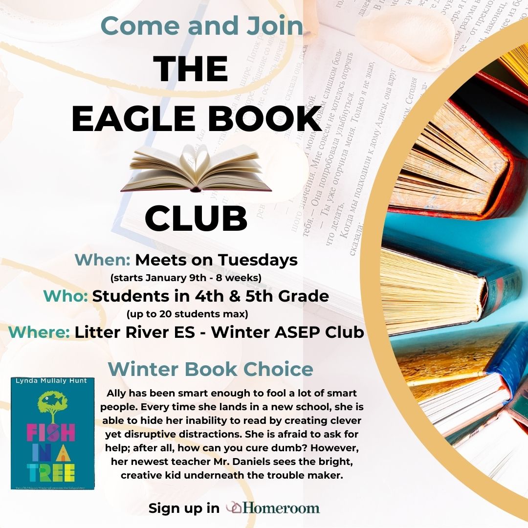Charlotte Steele (@lresbookworm) on Twitter photo Are you looking for an after-school club for your 4th/5th grader? Consider having them join The Eagle Book Club for the winter ASEP. A materials fee of $10 has been added to cover the cost of the book. Ss will keep the book at the end. <a href="/LRESPTA/">Little River Elementary PTA</a> <a href="/LittleRiverLCPS/">Little River ES</a> Are you looking for an after-school club for your 4th/5th grader? Consider having them join The Eagle Book Club for the winter ASEP. A materials fee of $10 has been added to cover the cost of the book. Ss will keep the book at the end. <a href="/LRESPTA/">Little River Elementary PTA</a> <a href="/LittleRiverLCPS/">Little River ES</a>